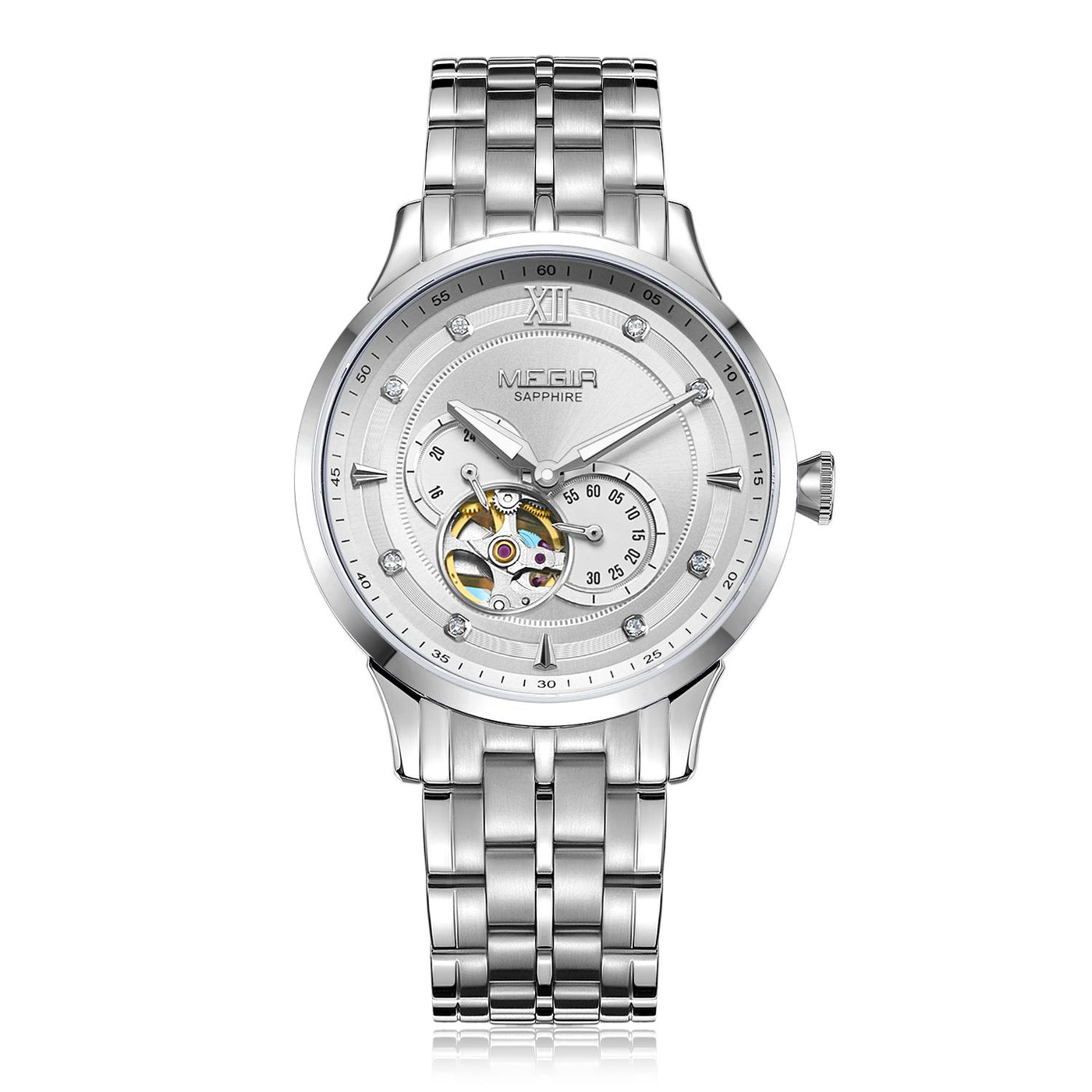 MEGIR Luxury Men Watches Stainless Steel Automatic Mechanical Watch Sapphire Steel Case Business WristWatch Montre Homme-9