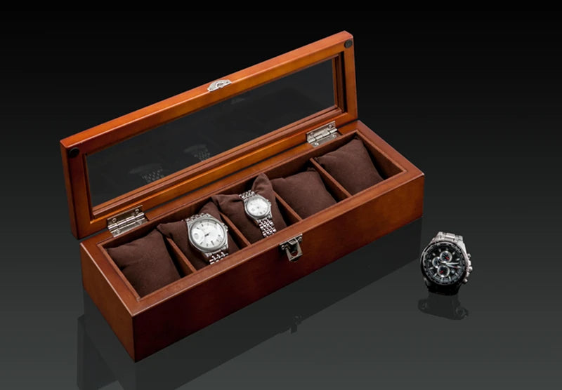 5 Slots Wood Watch Organizer With Glass Luxury - Watches & Accessories