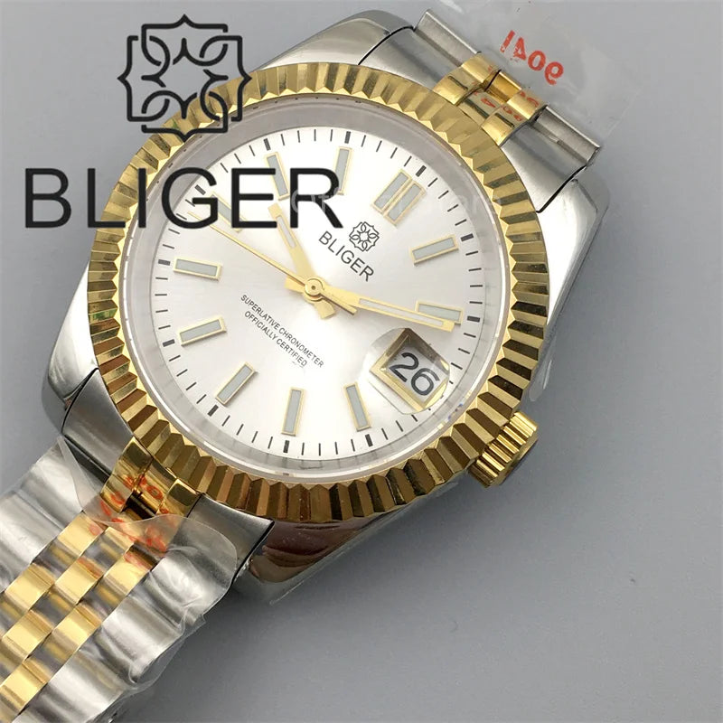 Watch For Men Automatic White Dial Silver Gold Coating Sapphire Glass Waterproof - Watches & Accessories