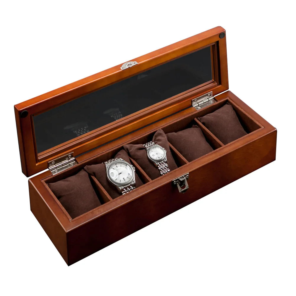 5 Slots Wood Watch Organizer With Glass Luxury - Watches & Accessories