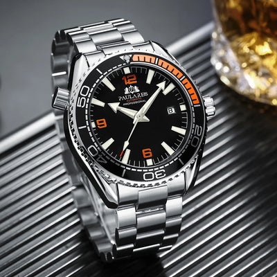 Automatic Mens Watch Mechanical Self Wind Movement Stainless Steel Strap Orange Blue Red Luxury Fashion Watches - Watches & Accessories