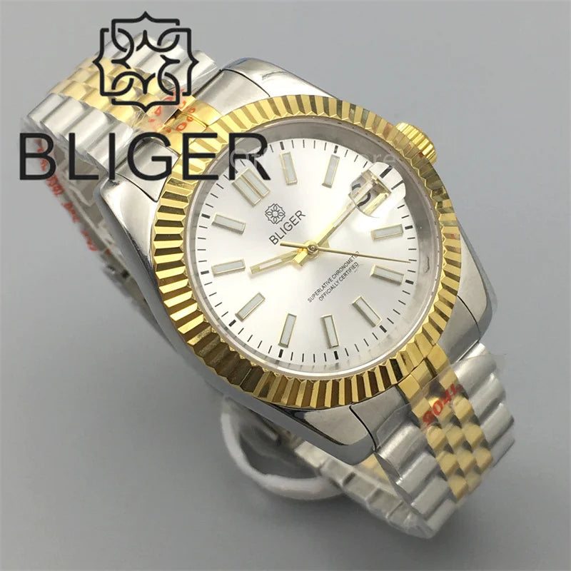 Watch For Men Automatic White Dial Silver Gold Coating Sapphire Glass Waterproof - Watches & Accessories