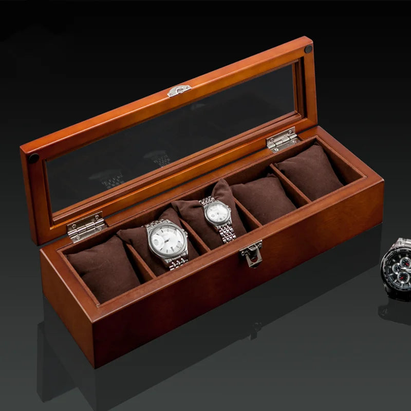 5 Slots Wood Watch Organizer With Glass Luxury - Watches & Accessories