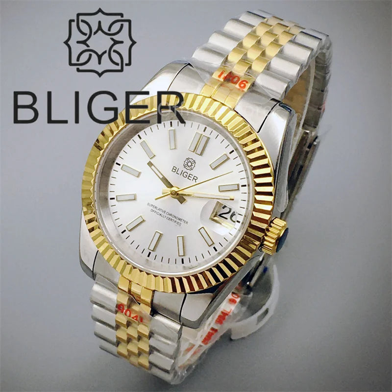 Watch For Men Automatic White Dial Silver Gold Coating Sapphire Glass Waterproof - Watches & Accessories