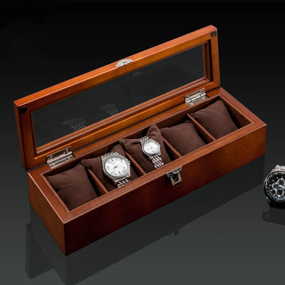 5 Slots Wood Watch Organizer With Glass Luxury - Watches & Accessories