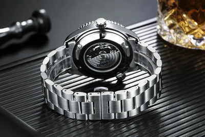 Automatic Mens Watch Mechanical Self Wind Movement Stainless Steel Strap Orange Blue Red Luxury Fashion Watches - Watches & Accessories